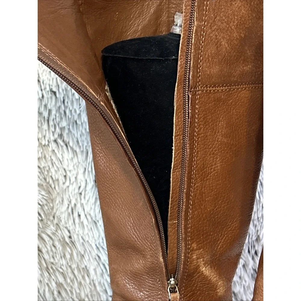 Tory Burch‎ Jolie Tall Pebbled Leather Riding Boots Gold Logo Brown 7.5 Read